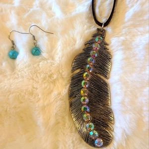 Long Silver Feather Necklace & Earrings Set